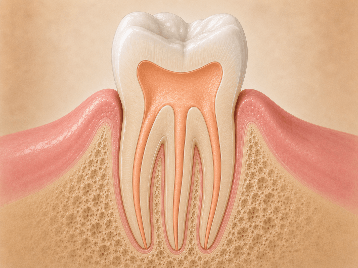 Editorial cross-section illustration of a molar showing three root canals filled with gutta percha extending to the apex of each root
