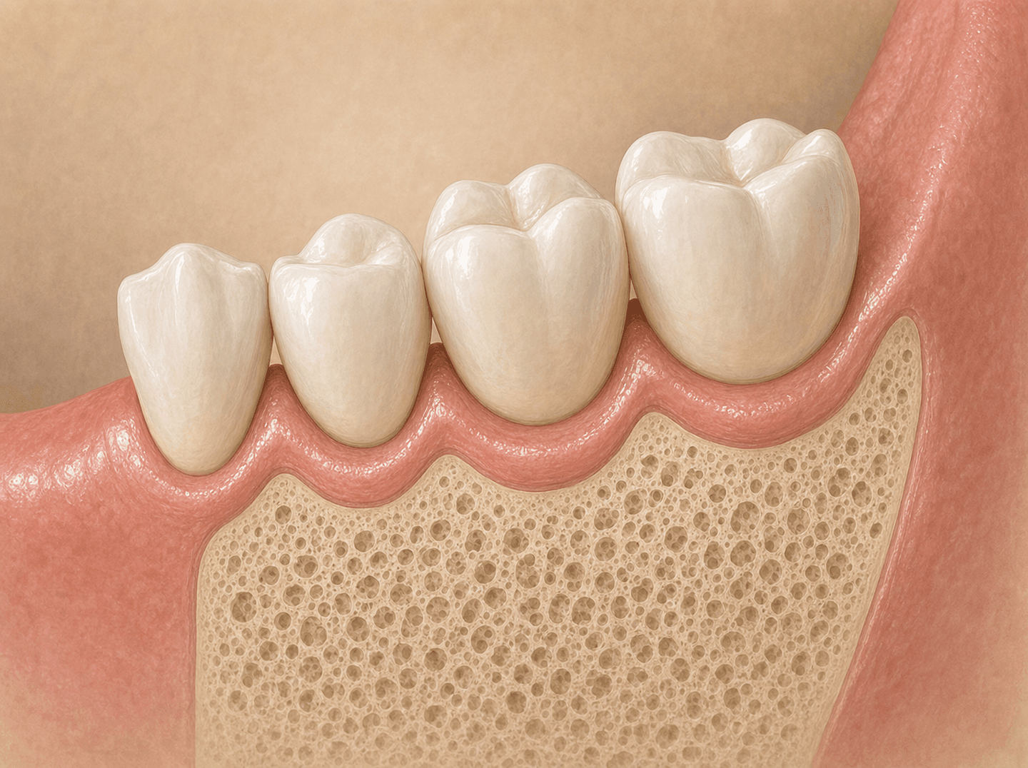 Editorial illustration of a lower dental arch quadrant with the gum line being reshaped along four adjacent teeth (gingivectomy soft-tissue contouring), warm muted tones