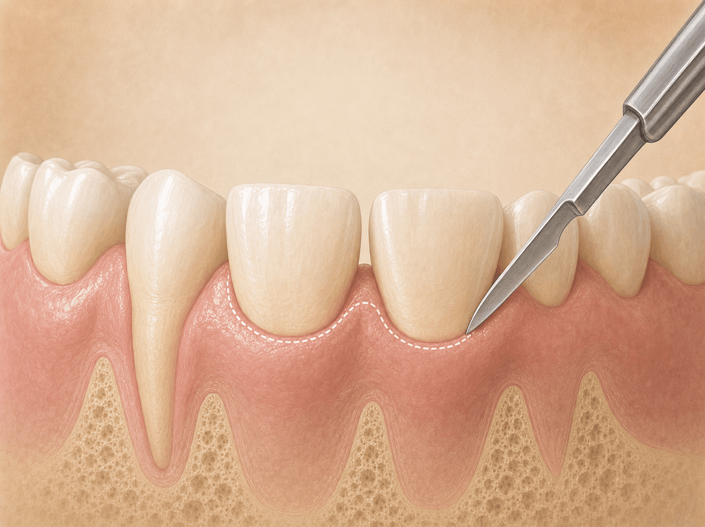 Editorial illustration of a lower dental arch with the gum line being reshaped along two adjacent teeth (gingivectomy soft-tissue contouring on one to three teeth), warm muted tones