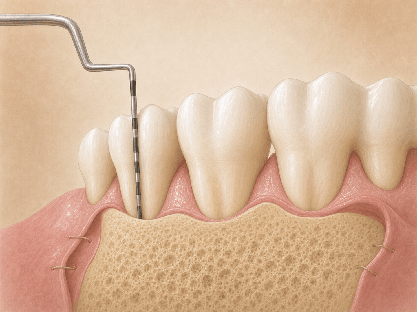 Editorial illustration of a periodontal probe beside a tooth root with a reshaped supporting bone ridge (osseous surgery), warm muted tones
