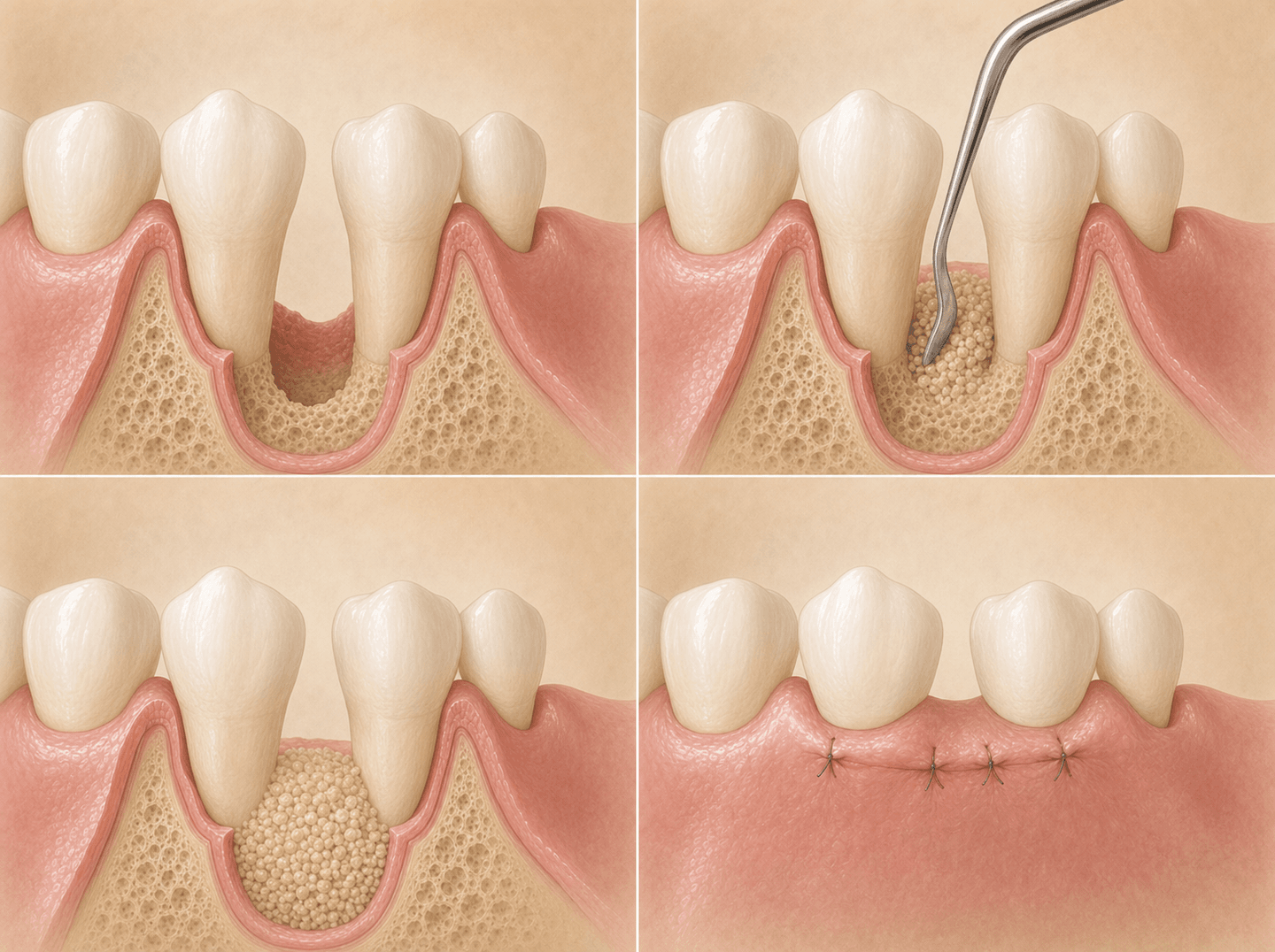 Editorial illustration of a localized bony defect being reshaped along one to three adjacent teeth within a single quadrant (osseous surgery), warm muted tones