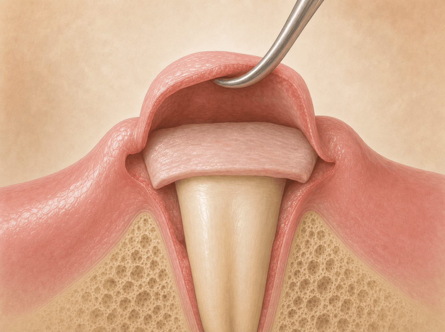 Editorial illustration of a thin strip of graft tissue tucked beneath a lifted gum flap at a tooth with an exposed root (subepithelial connective tissue graft for root coverage), warm muted clinical tones