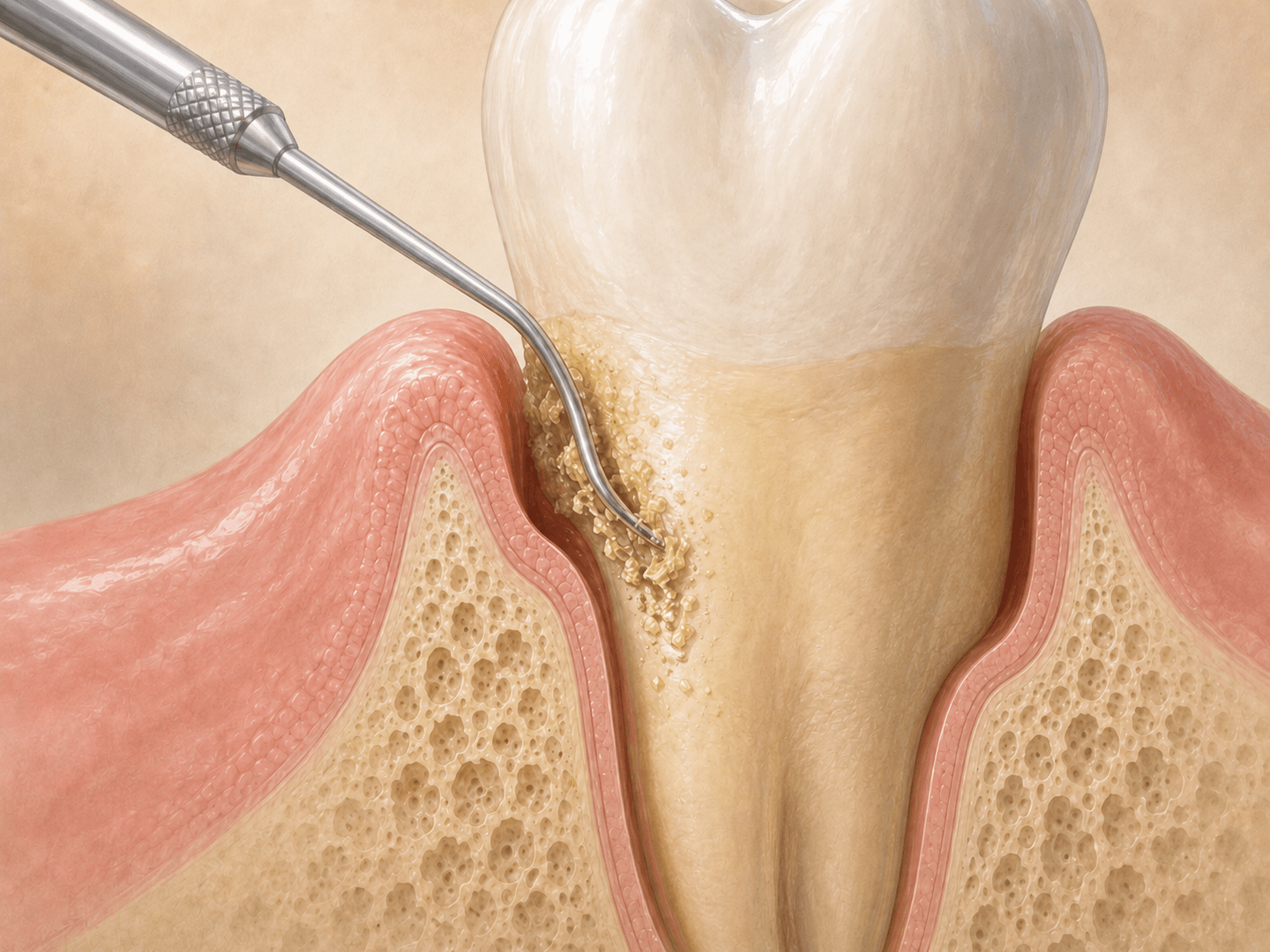 Editorial illustration of a scaling instrument removing subgingival calculus from a tooth root below the gumline, clinical but approachable, warm muted tones
