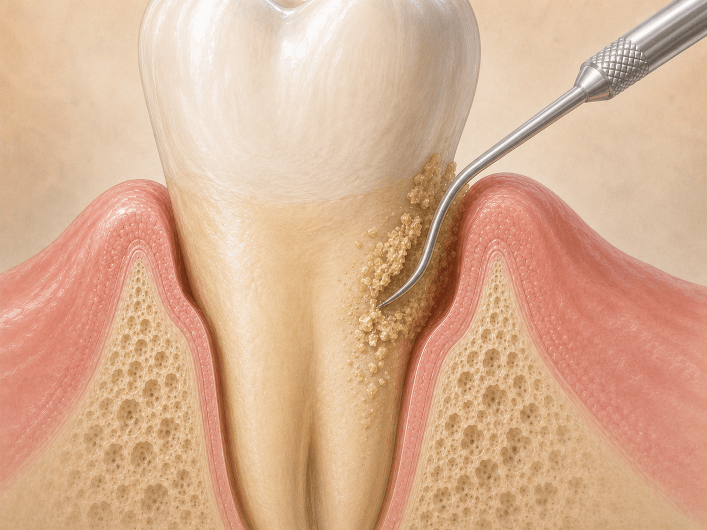 Editorial illustration of a scaling instrument removing localized calculus at the cervical area of a single tooth, side view in warm muted tones