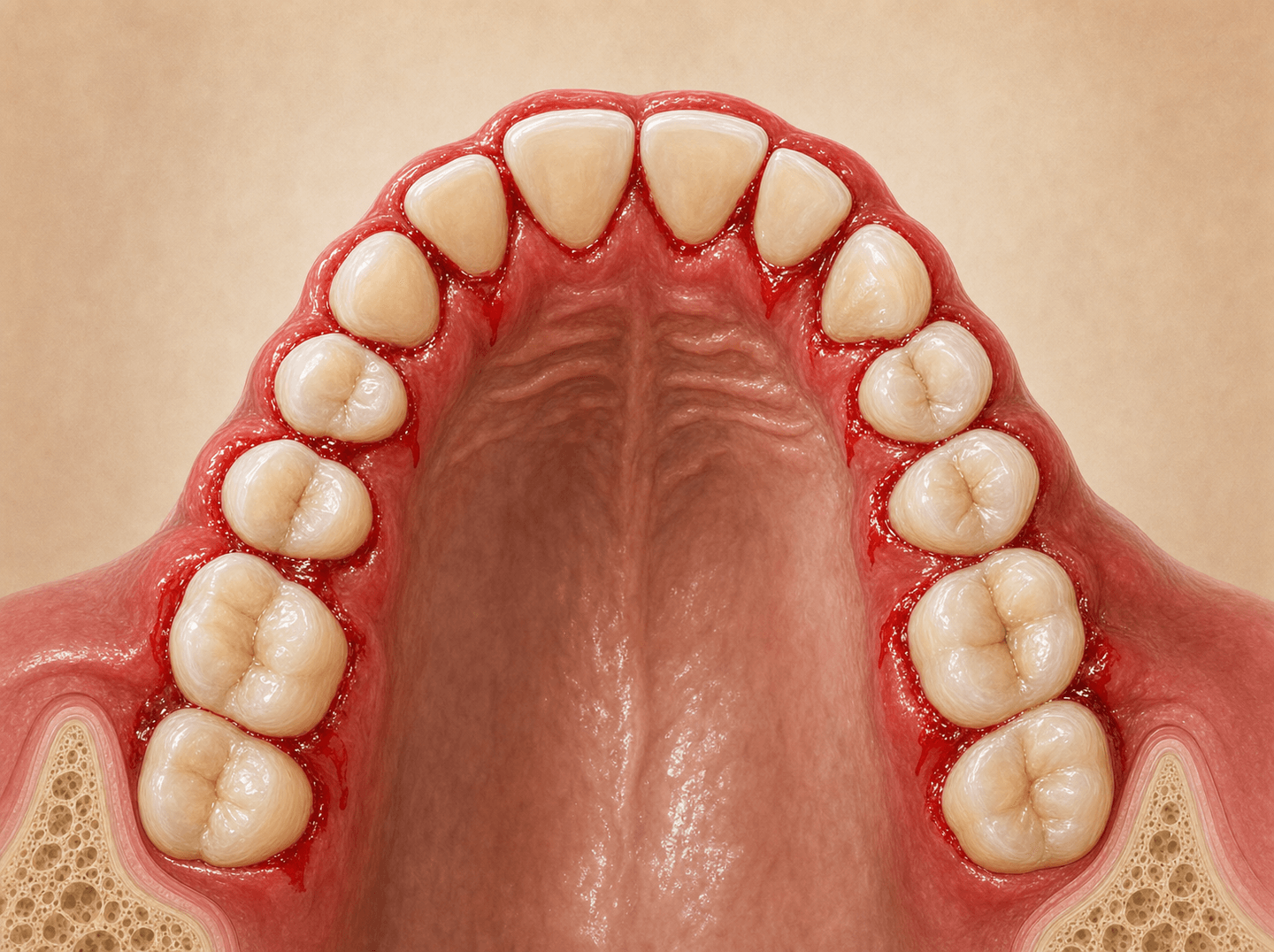 Editorial illustration of an upper dental arch with reddened, swollen gum tissue bleeding at the margins across most teeth (generalized gingival inflammation), with intact bone levels shown beneath, warm muted tones
