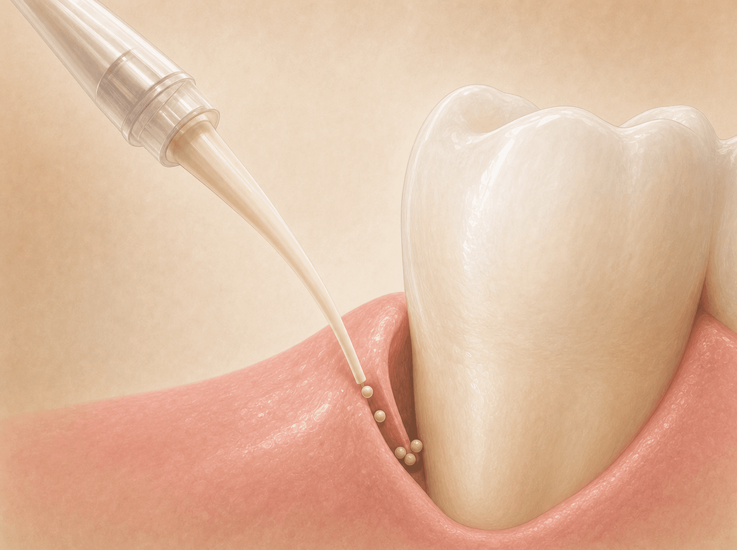 Editorial illustration of a slim syringe tip releasing a few tan antibiotic microspheres into the gum pocket beside a single tooth (localized antimicrobial delivery), warm muted tones