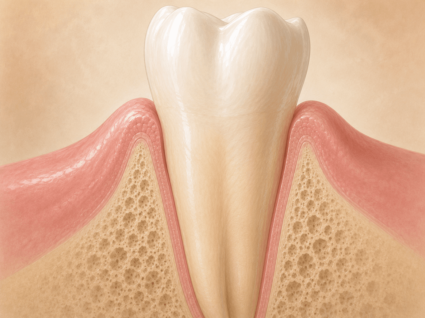 Editorial illustration of a single tooth seated in healthy pink gum tissue with visible bone structure beneath, calm clinical view in warm muted tones