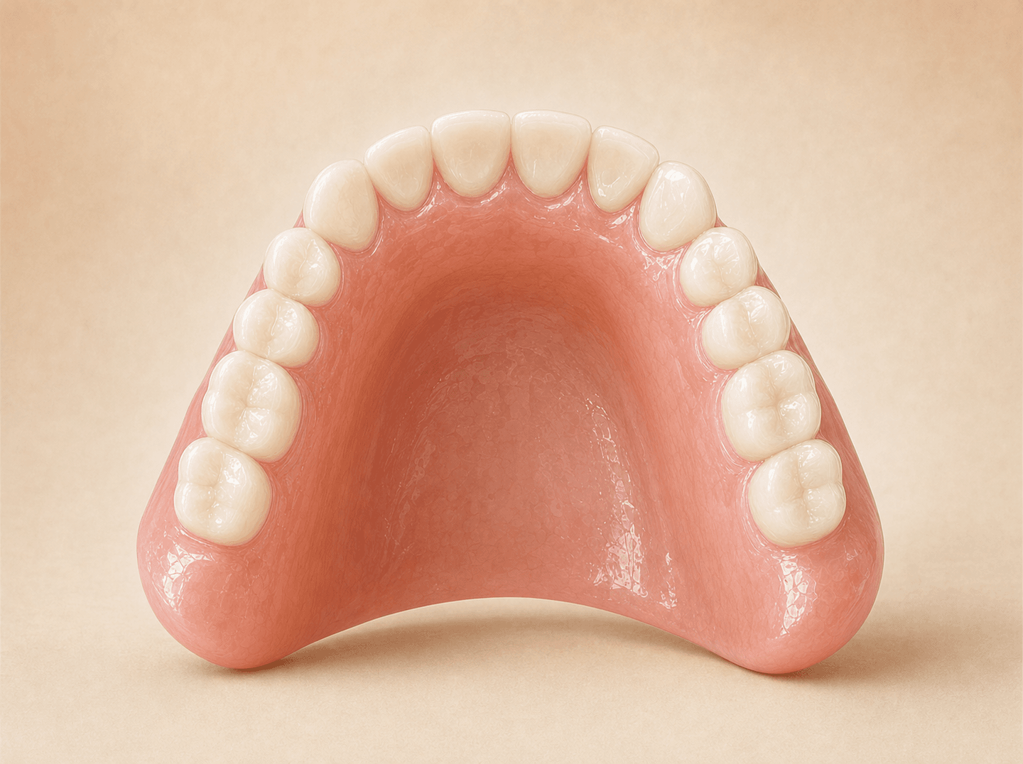 Editorial illustration of a complete upper denture with pink acrylic gum tissue and full set of white prosthetic teeth on a neutral background (maxillary complete denture), warm muted tones