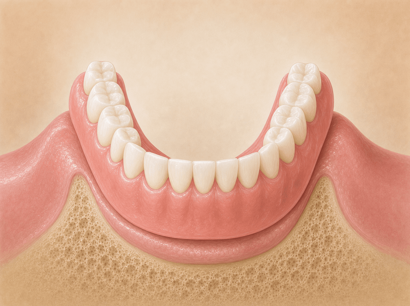 Editorial illustration of a pink acrylic base with a row of white prosthetic teeth (complete mandibular denture) seated on a horseshoe-shaped lower jawbone ridge, surrounding pink soft tissue visible, warm muted tones