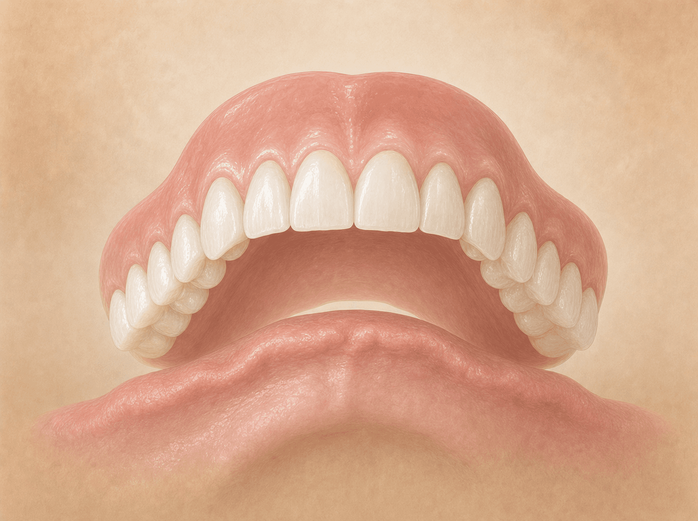 Editorial illustration of a complete upper denture with pink acrylic and a full row of white prosthetic teeth positioned over a freshly-extracted maxillary ridge, warm muted tones (immediate maxillary complete denture)
