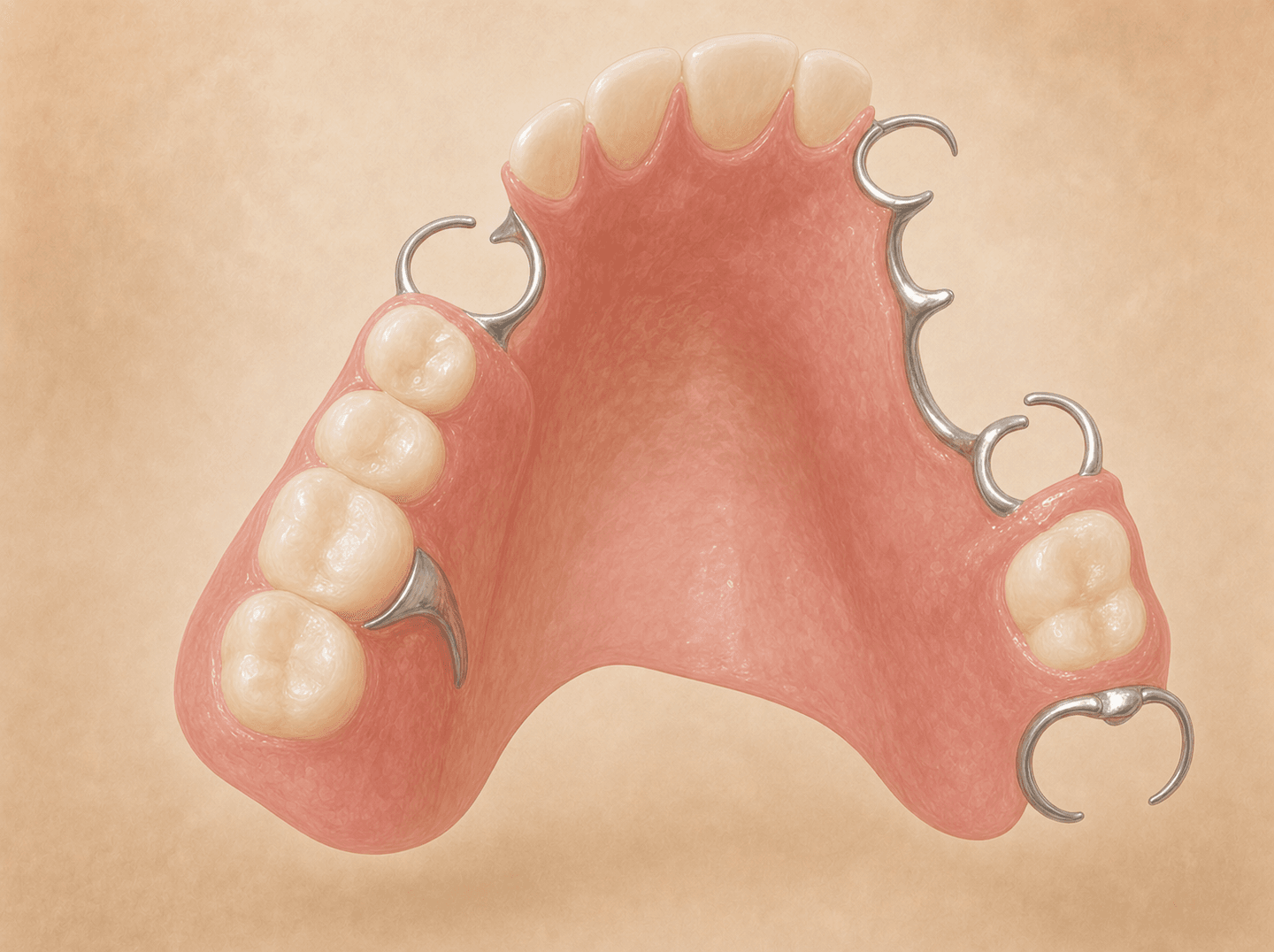 Editorial illustration of an upper partial denture with a pink acrylic base, wire clasps, and replacement teeth on a neutral background (maxillary resin base partial denture), warm muted tones