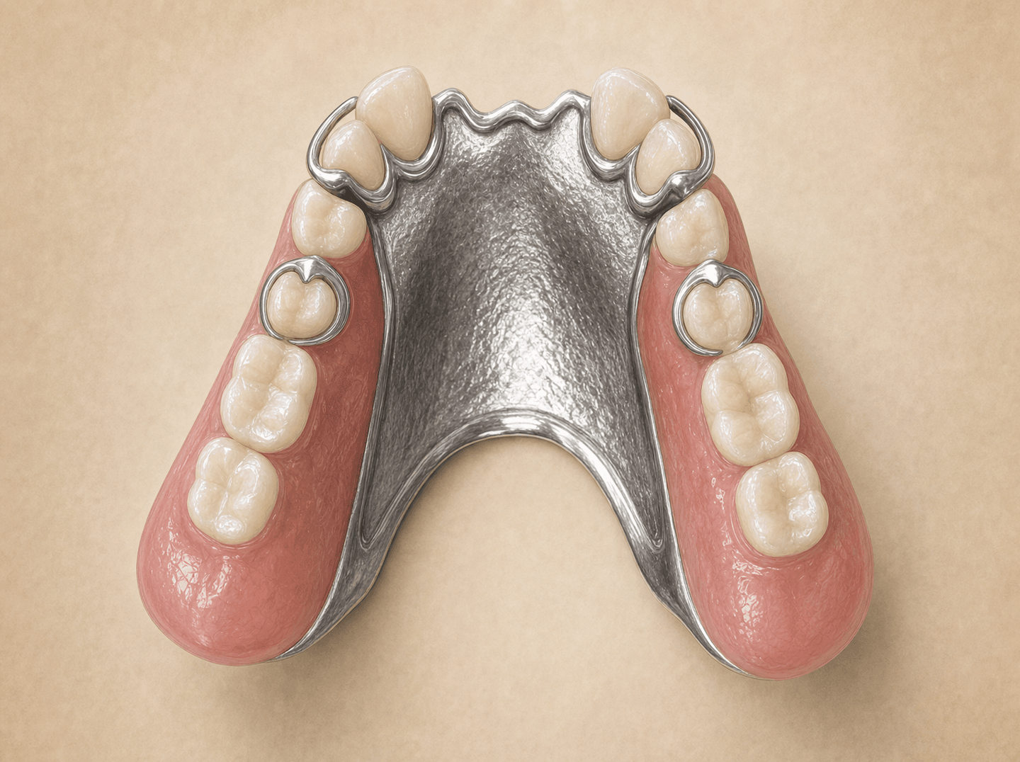 Editorial illustration of a maxillary partial denture with a silver cast metal framework, pink acrylic saddle areas, and replacement teeth on a neutral background (cast metal partial denture), warm muted tones