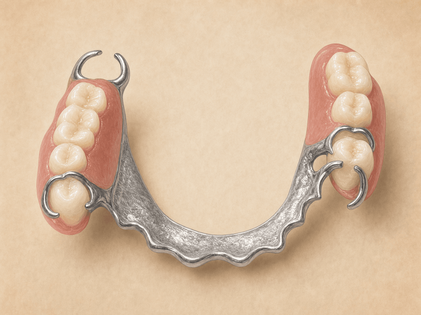 Editorial illustration of a lower partial denture with a silver cast metal framework, pink acrylic saddle areas, and replacement teeth on a neutral background (mandibular cast metal partial denture), warm muted tones