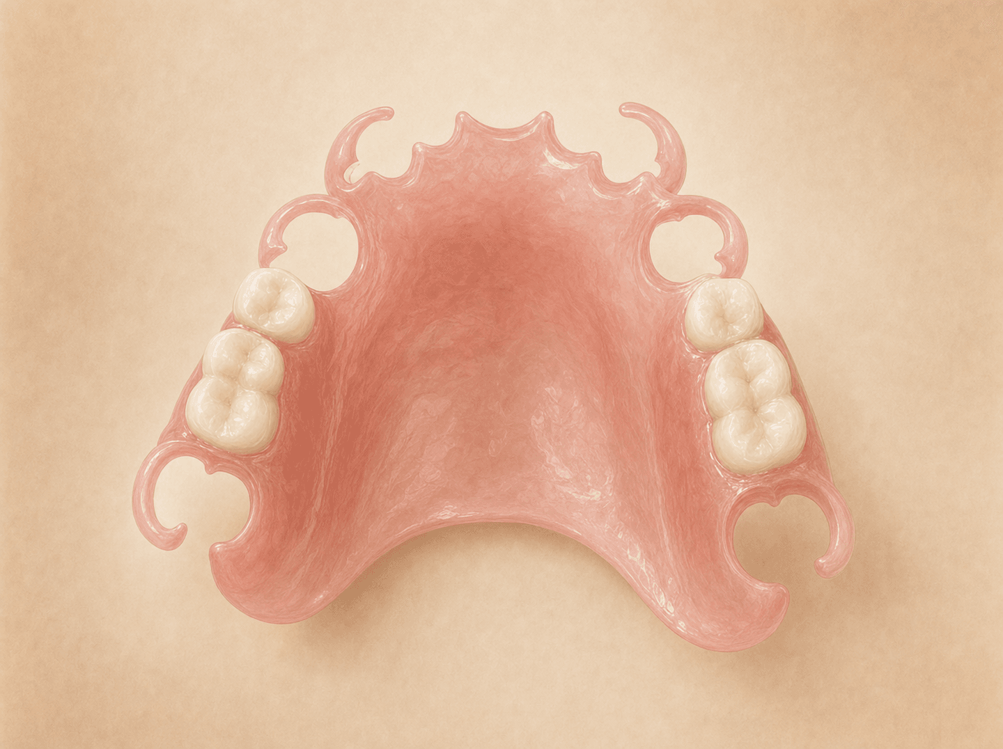 Editorial illustration of an upper partial denture with a translucent pink flexible base, gum-toned clasps, and replacement teeth on a neutral background (maxillary flexible base partial denture), warm muted tones