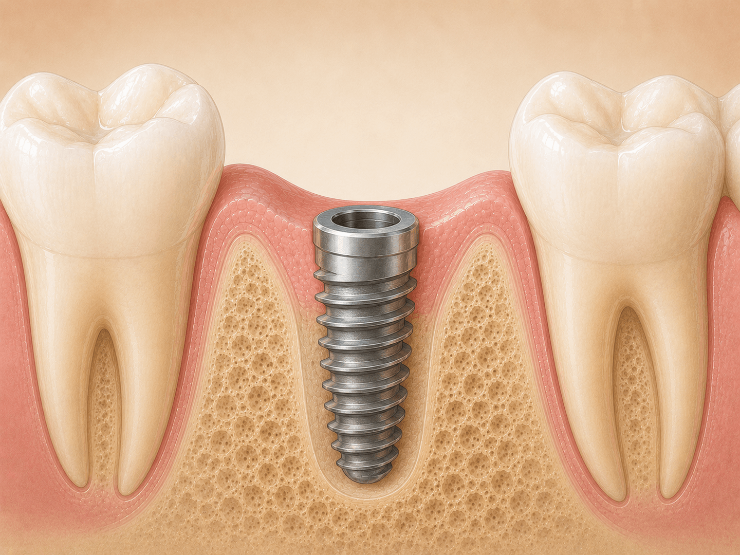 Editorial cross-section illustration of an endosteal dental implant body seated in alveolar bone at the site of a missing molar