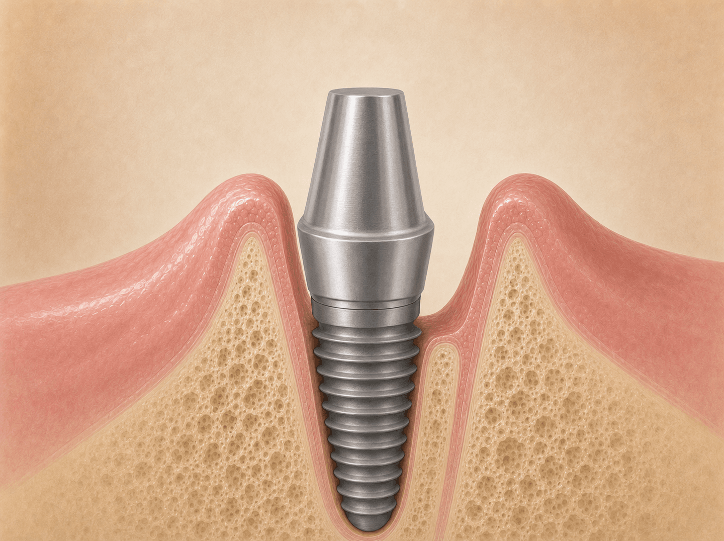 Editorial illustration of a stock implant abutment with a uniform machined titanium-grey surface seated on an implant fixture in bone (prefabricated abutment), warm muted tones