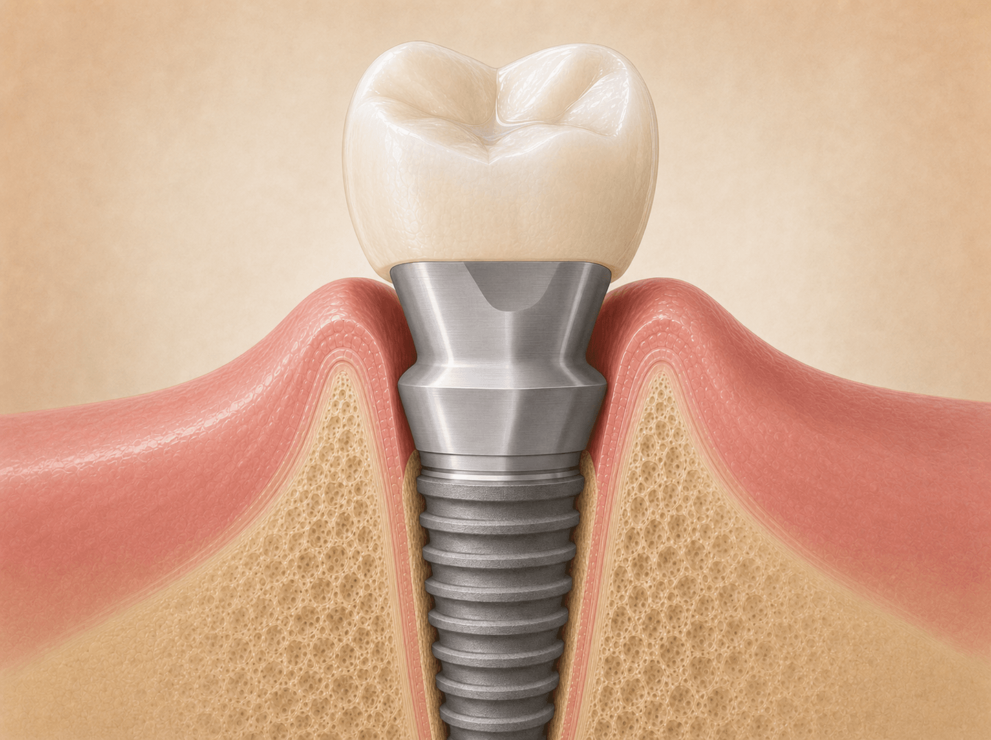 Editorial illustration of a custom-fabricated implant abutment with a precise off-white titanium-grey machined surface seated on an implant fixture in bone (custom abutment), warm muted tones