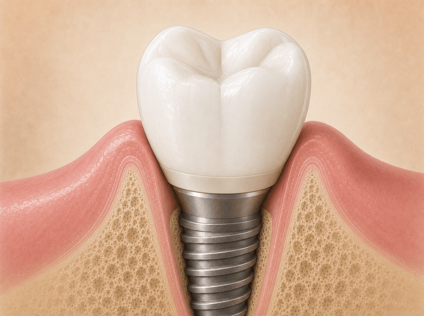 Editorial illustration of an all-ceramic crown with a smooth white opaque ceramic surface seated on top of a separate implant abutment at the gum line (abutment-supported ceramic crown), warm muted tones