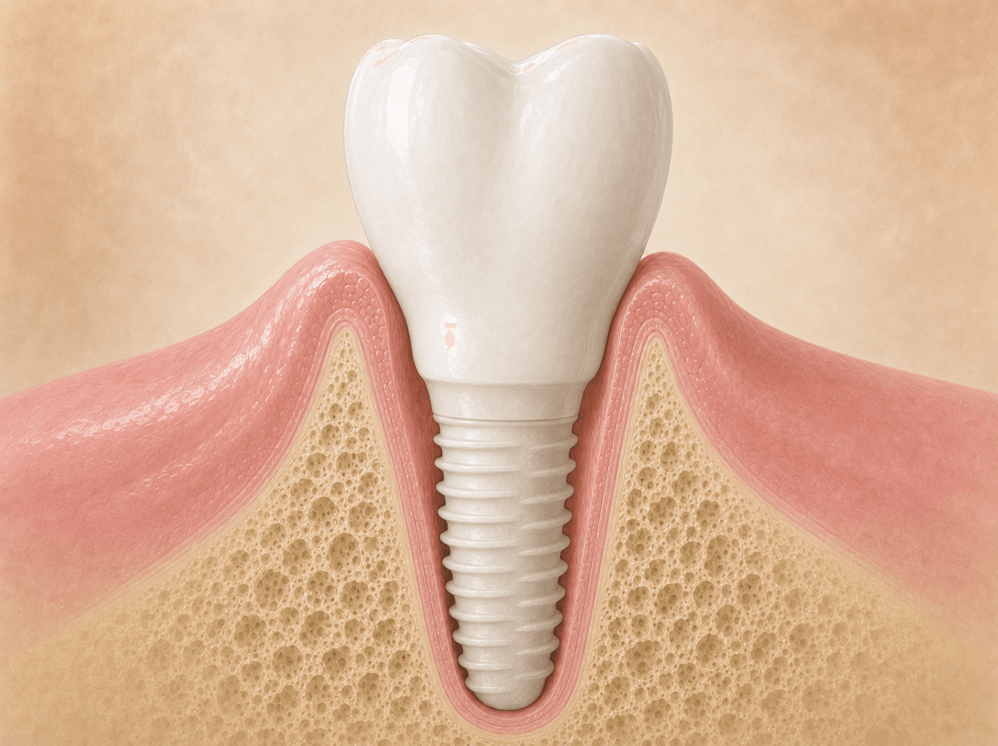 Editorial illustration of an all-ceramic crown with a smooth white opaque ceramic surface attached as one piece directly to an implant fixture in bone with no separate abutment (implant-supported ceramic crown), warm muted tones