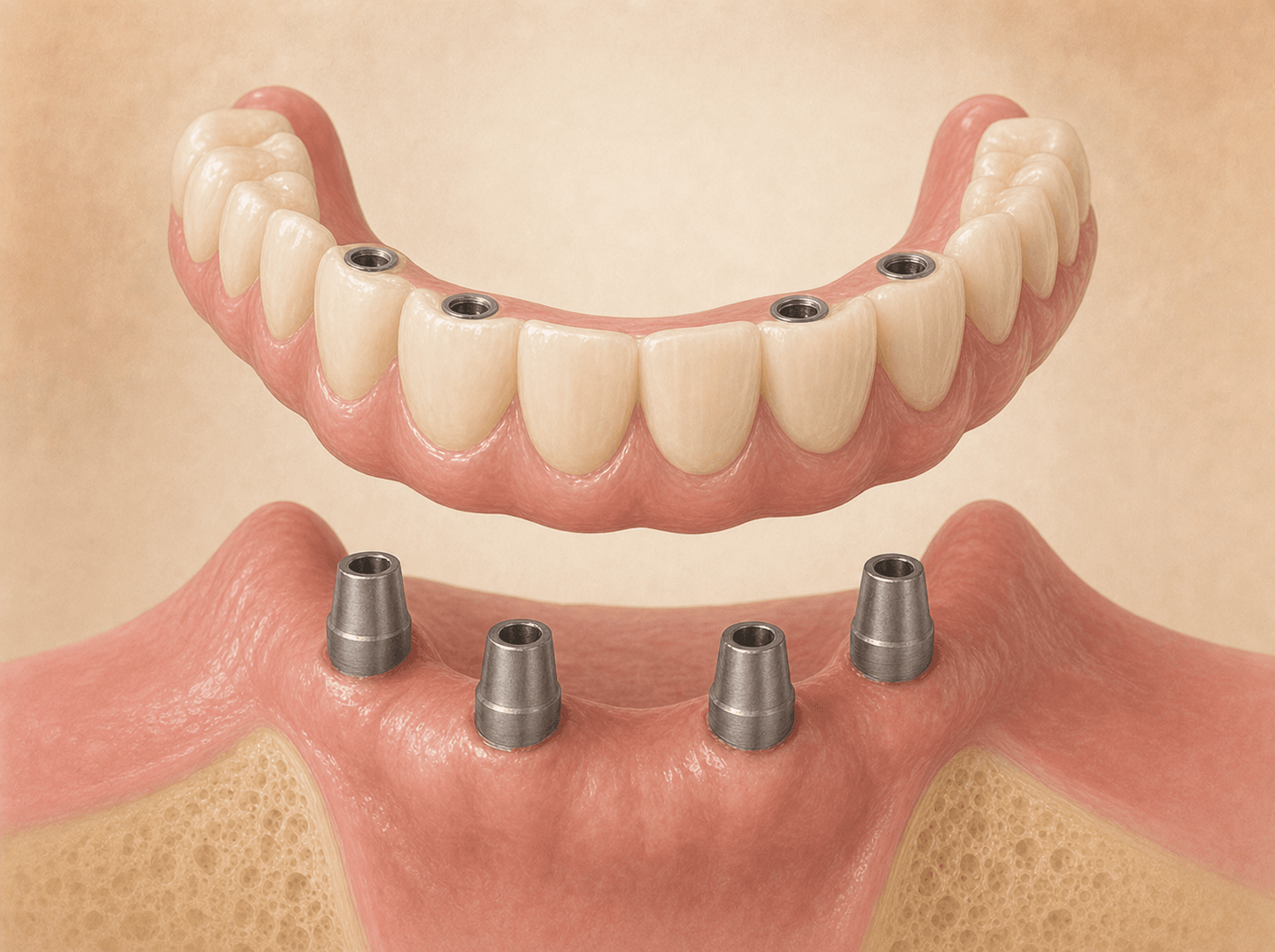 Editorial illustration of a full-arch fixed hybrid prosthesis lifted off four titanium-grey implant abutments seated in the lower jaw, screw channels visible (full-arch fixed implant-supported prosthesis), warm muted tones