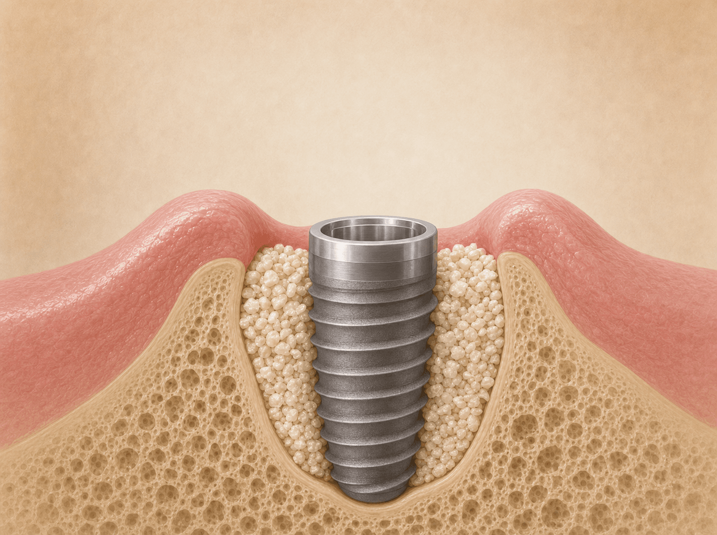 Editorial illustration of granular bone graft material packed around a freshly placed implant fixture in a jaw defect (bone graft at implant placement), warm muted tones