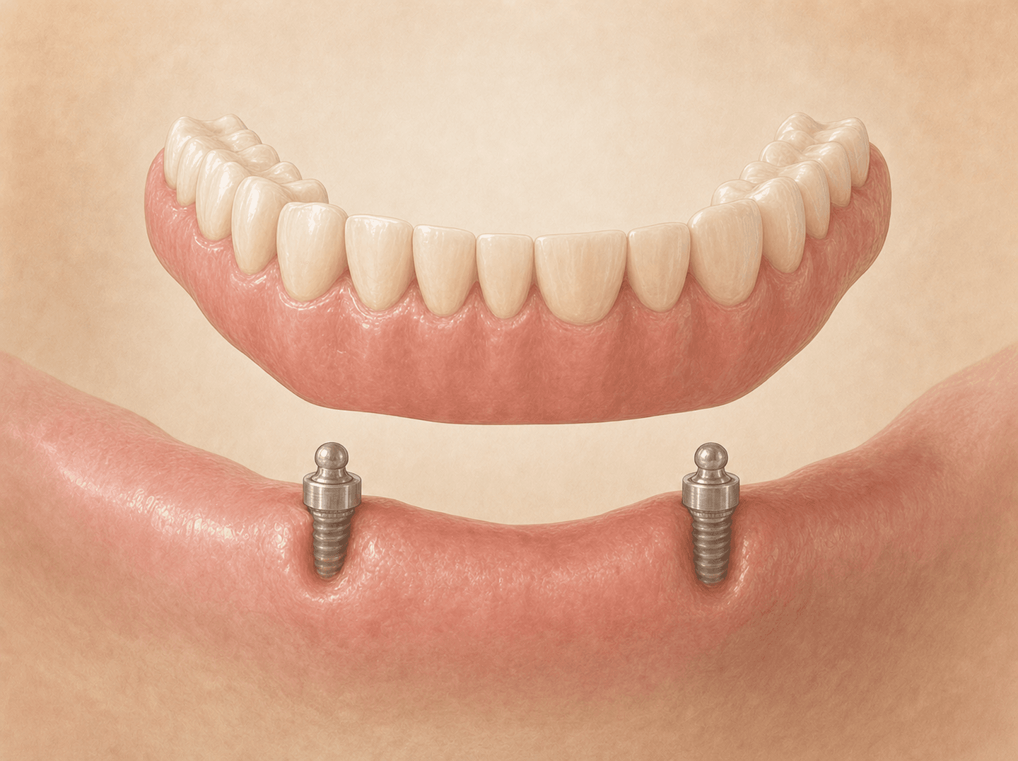Editorial illustration of a removable lower overdenture lifted above two implant attachment abutments in an edentulous mandible (implant-supported removable denture, mandibular)