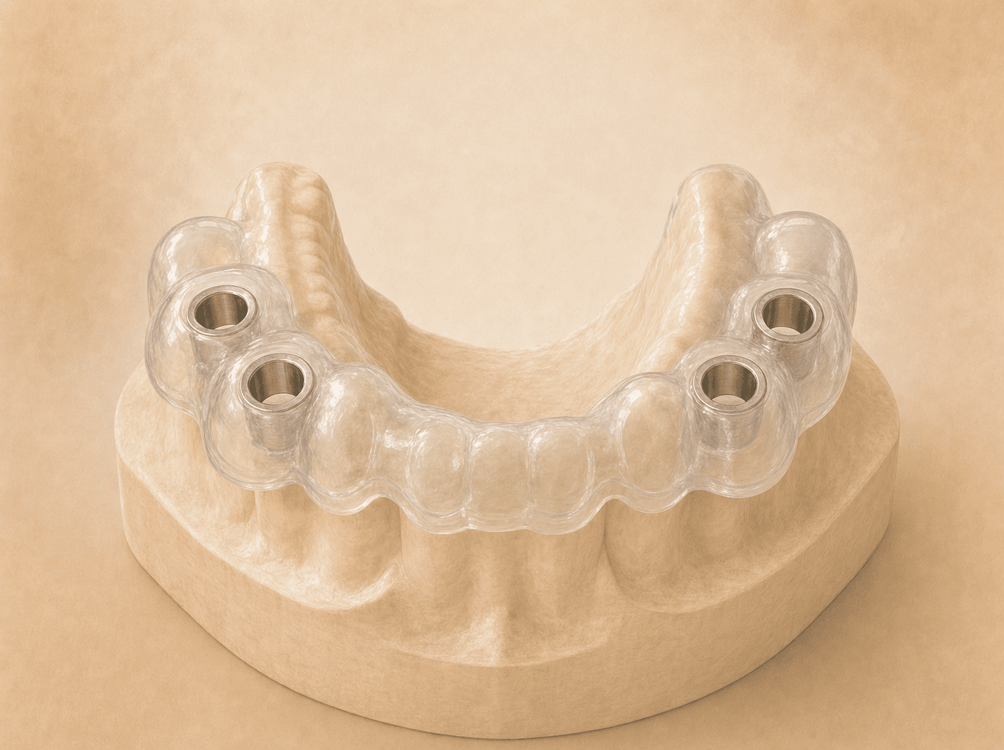 Editorial illustration of a clear surgical guide template seated over a study model with sleeve holes marking implant positions (radiographic surgical implant index), warm muted tones