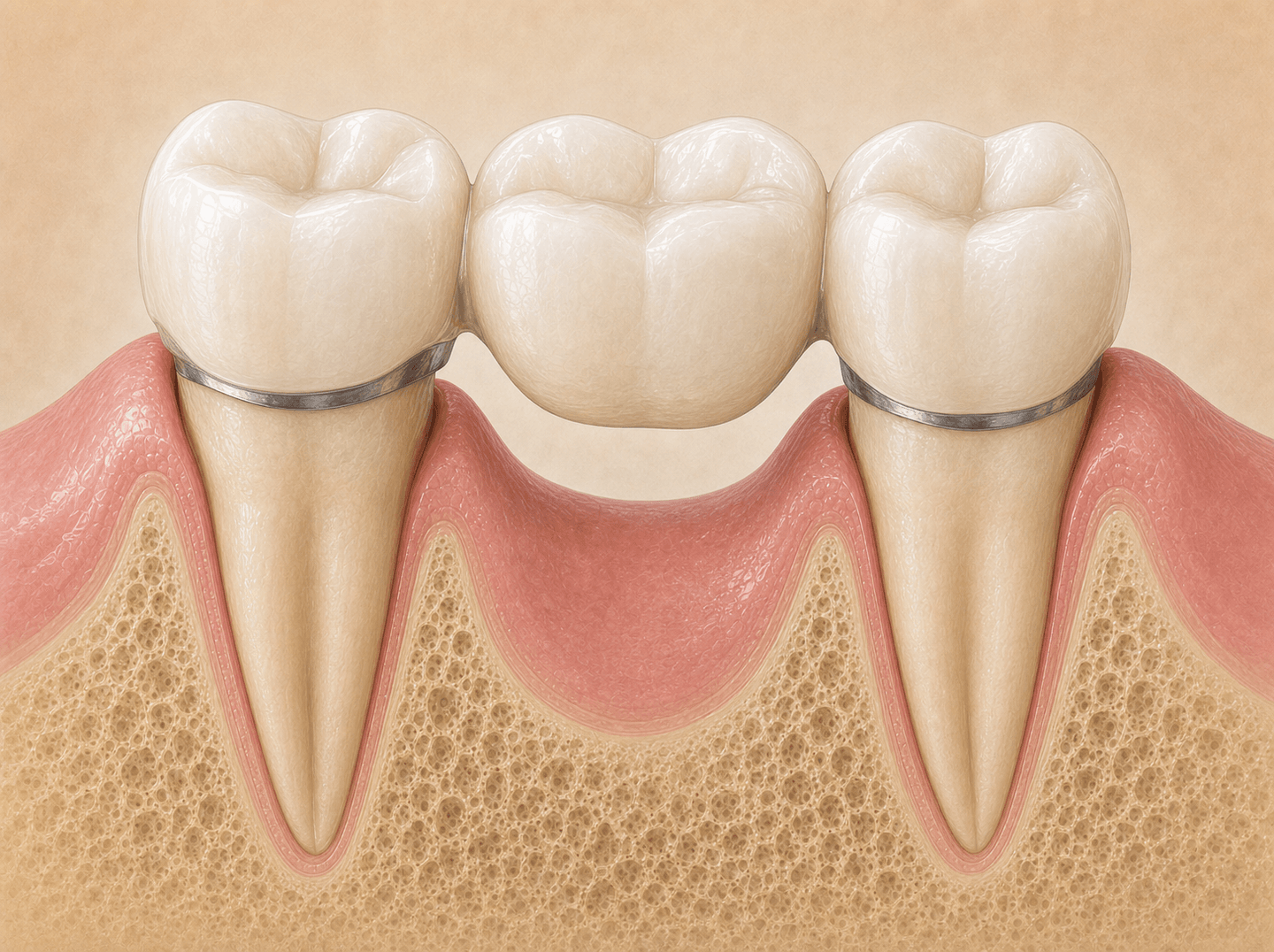 Editorial illustration of a three-unit fixed dental bridge showing two retainer crowns on natural teeth with a porcelain-fused-to-metal pontic suspended between them filling the gap of a missing tooth, warm muted tones