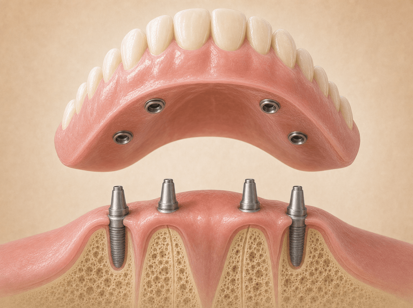 Editorial illustration of a full upper-arch removable implant-supported overdenture being lifted off four titanium-grey implant abutments seated in the upper jaw bone (full-arch removable implant overdenture), warm muted tones