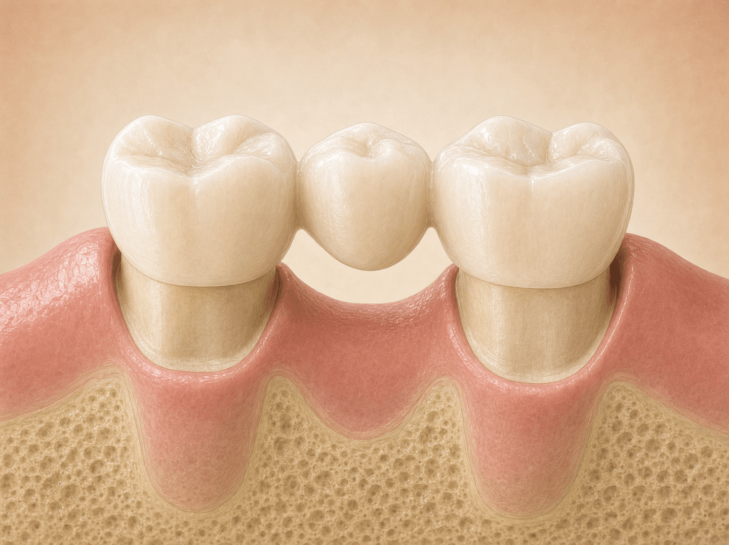 Editorial illustration of a three-unit dental bridge on a study model, the two end crowns capping prepared teeth (porcelain retainer crowns) joined to a replacement tooth in the middle, warm muted tones