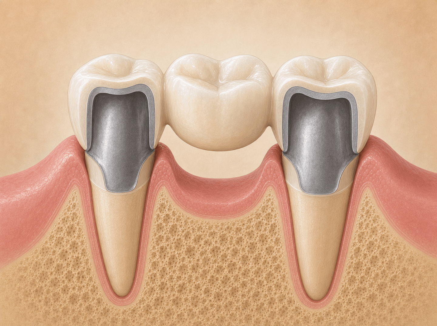Editorial cross-section illustration of a three-unit fixed bridge: two anchor teeth each capped with a white porcelain outer layer over a visible grey metal substructure (PFM retainer crowns) connected by a floating replacement tooth (pontic) spanning the gap, warm muted tones