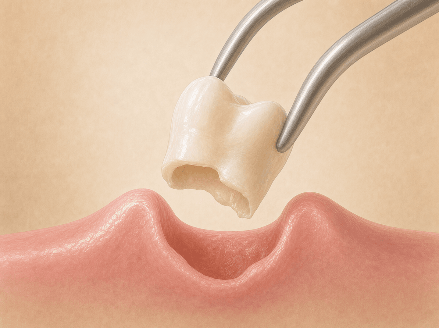 Editorial illustration of a small baby-tooth crown with no remaining roots being lifted from the gum (coronal remnant of a primary tooth), warm muted tones
