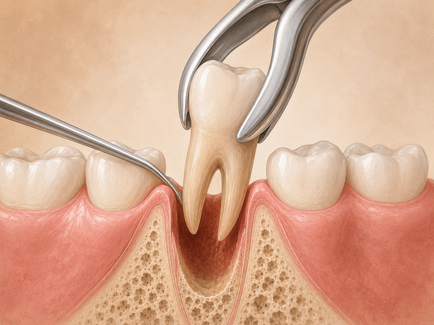 Editorial illustration of dental forceps delivering an intact molar from a healthy socket, cross-section view in warm muted tones