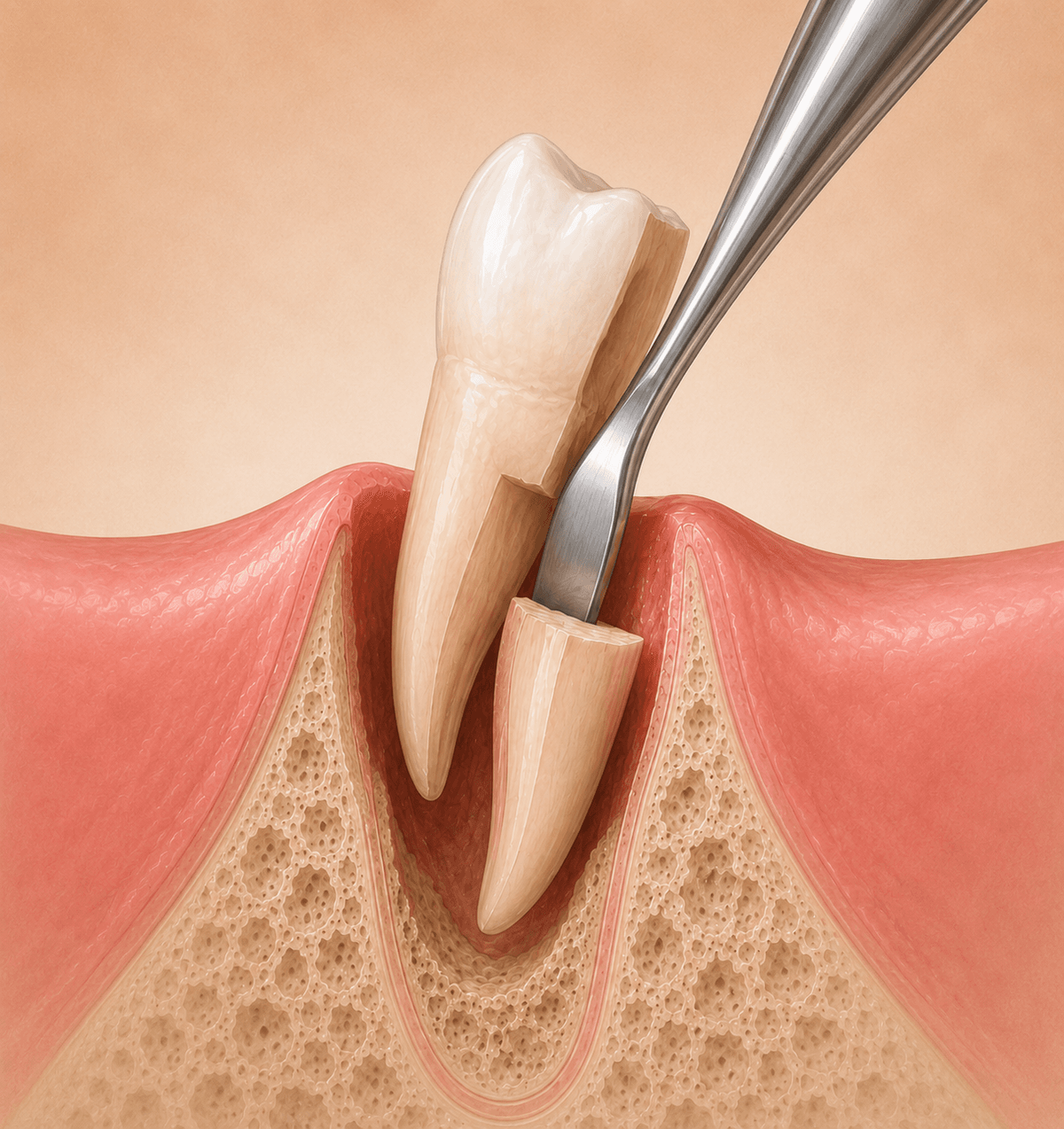 Editorial illustration of a sectioned tooth being elevated from the socket with a surgical elevator, cross-section view of bone and gum tissue, warm muted tones