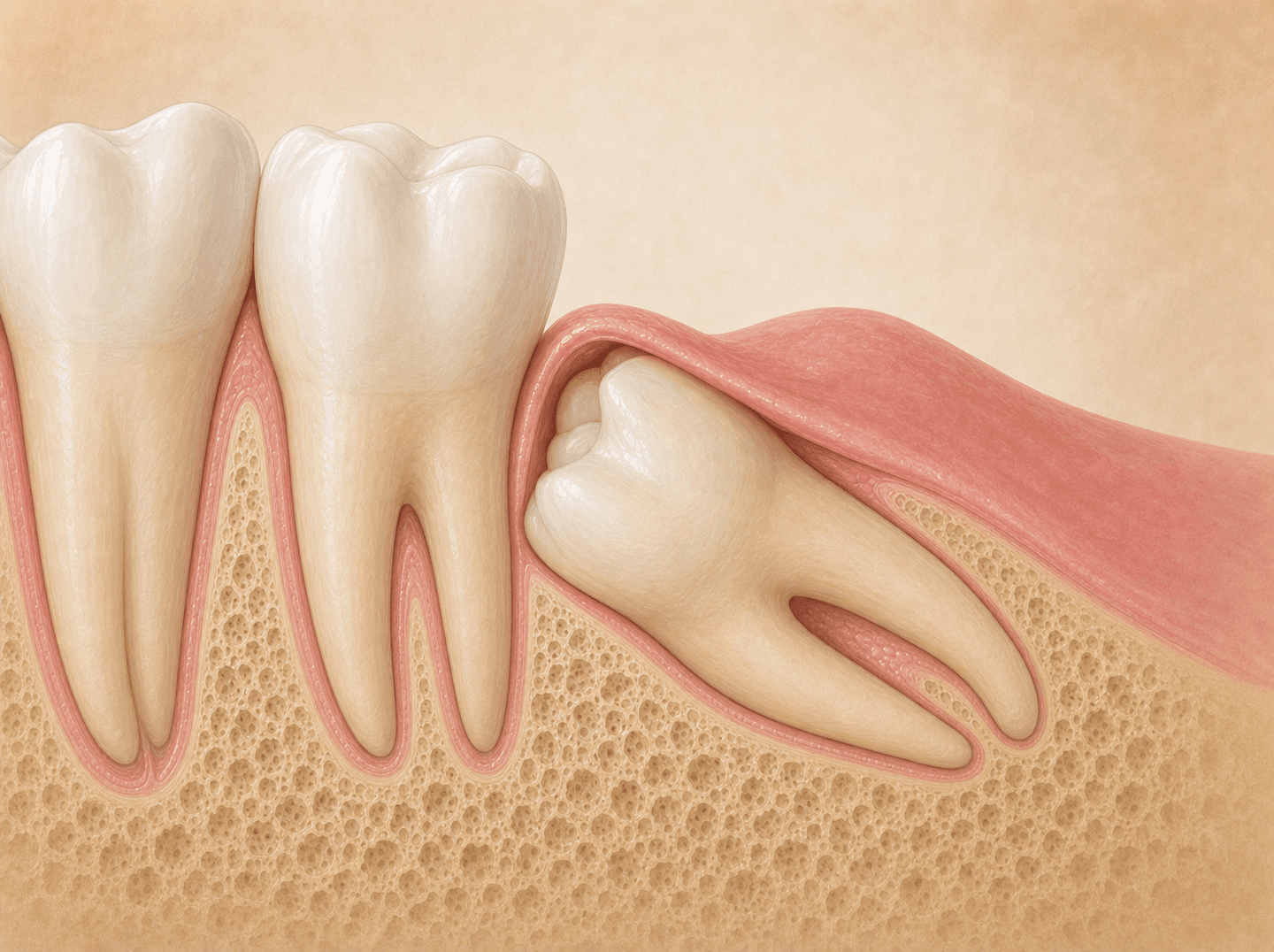 Editorial cross-section illustration of a partially erupted third molar with its biting surface covered only by gum tissue (soft tissue impaction), warm muted tones