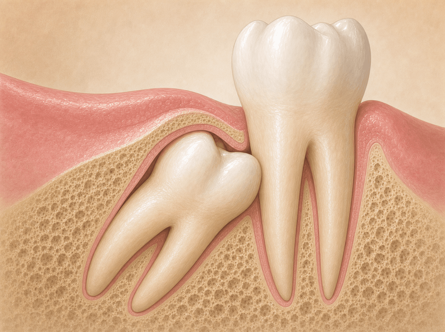 Editorial cross-section illustration of a third molar with part of its crown buried in jawbone (partially bony impaction), surrounding gum tissue in warm muted tones