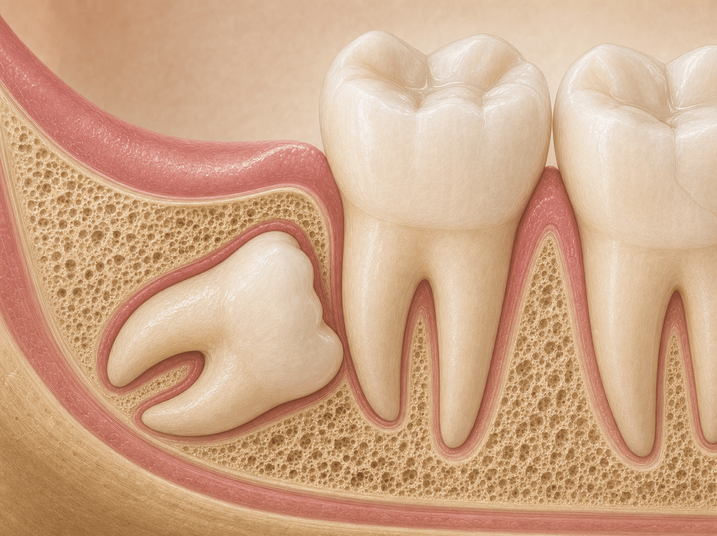 Editorial cross-section illustration of a lower jaw showing a fully impacted third molar tooth completely buried in bone with no exposure to the oral cavity (completely bony impaction), surrounding pink gum tissue and warm tones