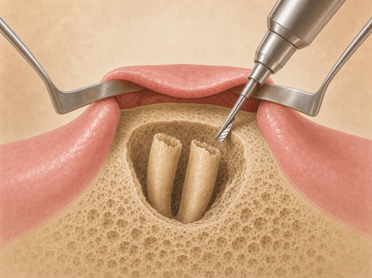 Editorial cross-section illustration of leftover tooth root fragments embedded in jawbone after a prior extraction being surgically uncovered (residual roots, cutting procedure), warm muted tones