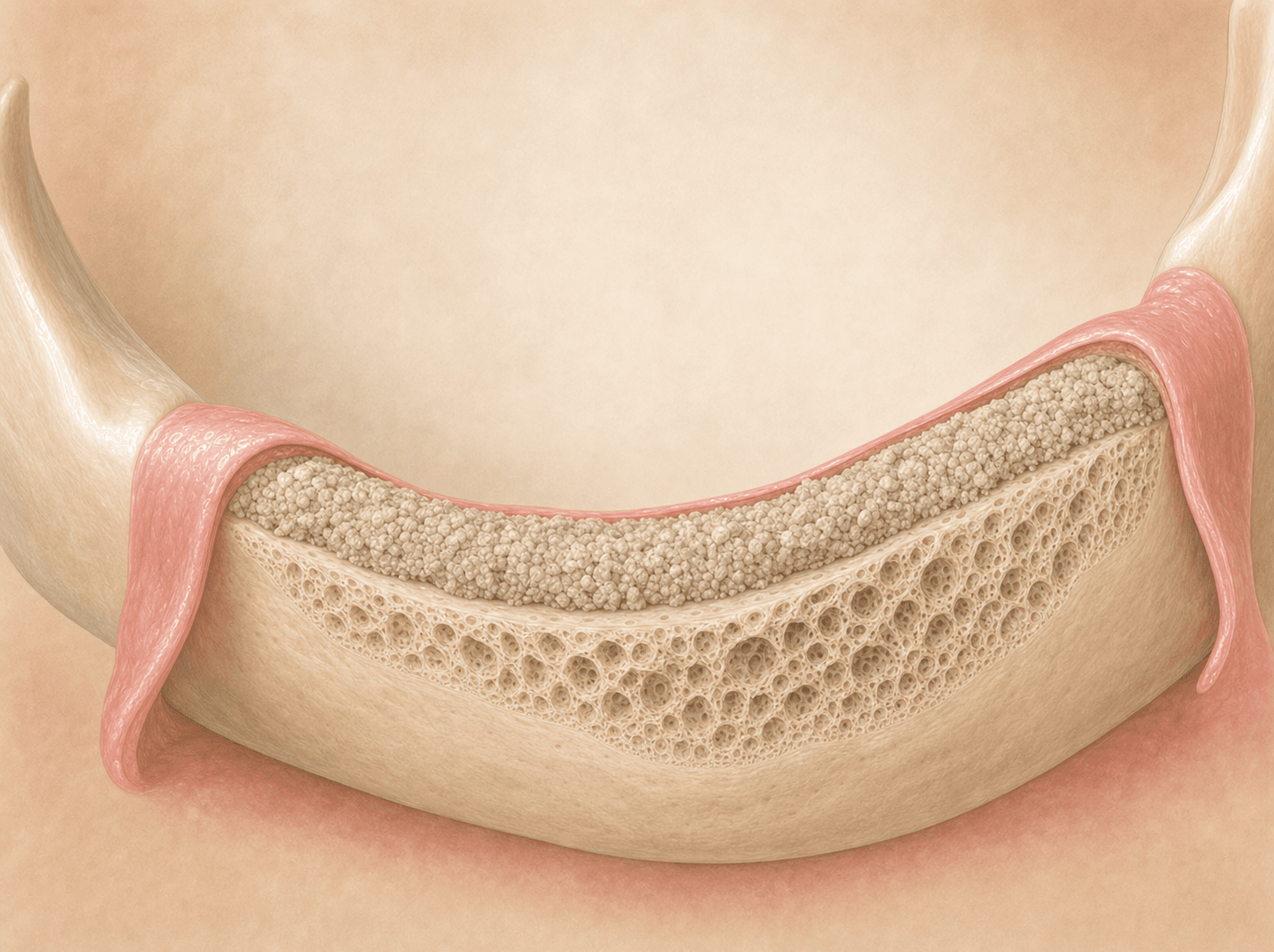 Editorial illustration of a jawbone ridge built up with graft material to add height and width before implants, warm muted tones