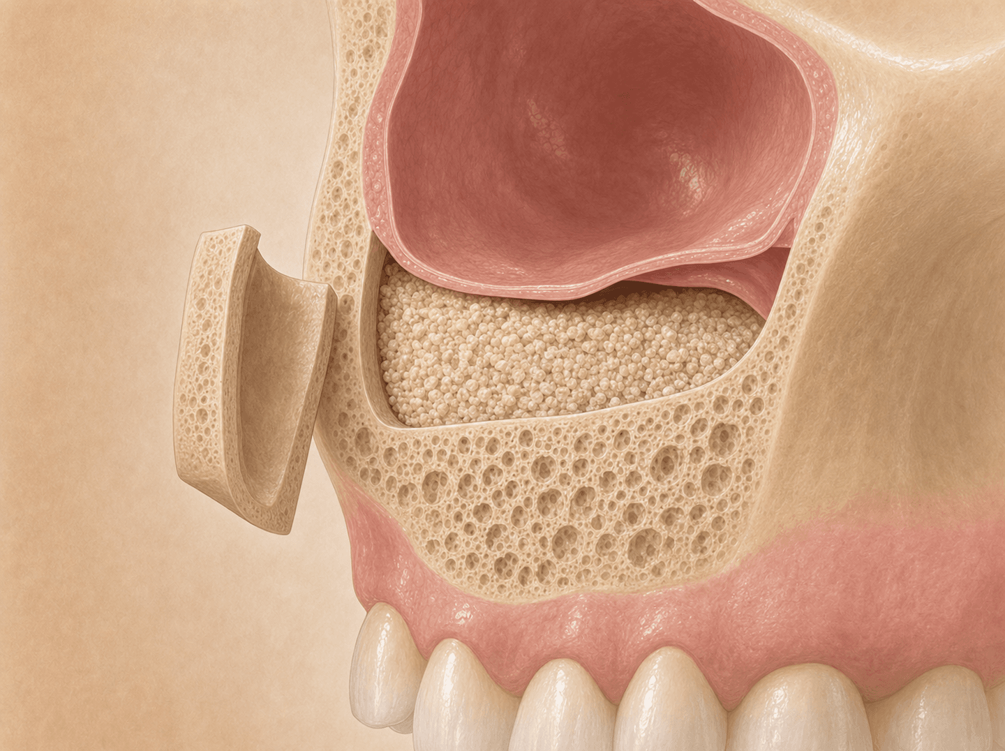 Editorial illustration of a maxillary sinus lifted through a window in the side of the upper jaw with graft material packed beneath the membrane, warm muted tones