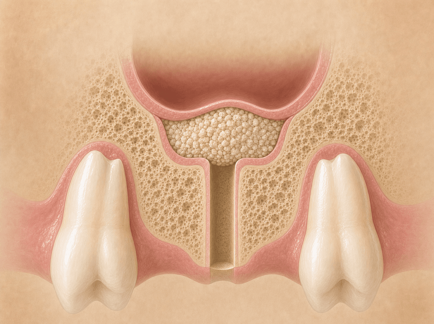 Editorial cross-section illustration of an upper back jaw with two natural teeth at the left and a narrow channel drilled up through the empty ridge between them, the thin floor of the air space above pushed upward into a low dome, a mound of pale graft granules packed into the space beneath that raised floor (sinus augmentation via a vertical crestal approach), warm muted tones