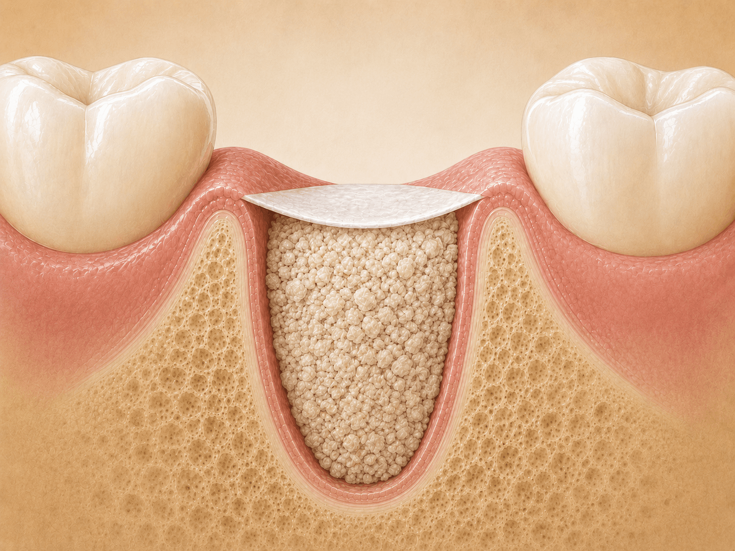 Editorial illustration of a tooth socket immediately after extraction with bone graft material packed into the alveolus and covered by a resorbable membrane
