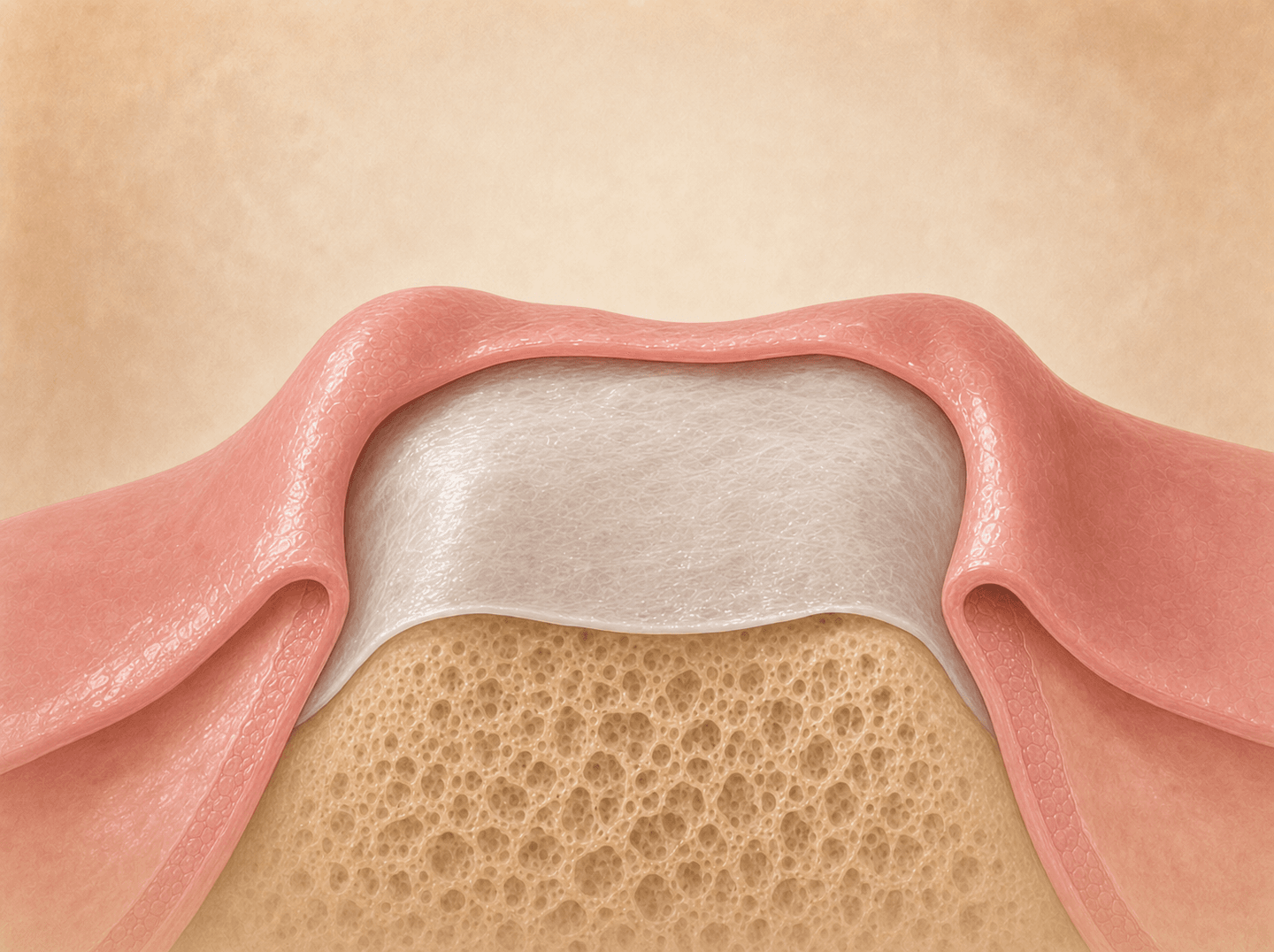Editorial illustration of a thin resorbable membrane draped over an edentulous ridge defect and tucked under the gum flap (guided tissue regeneration, resorbable barrier), warm muted tones