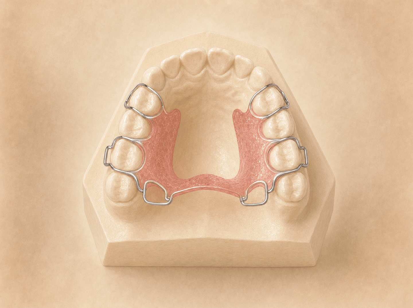 A small removable orthodontic appliance resting on a study model of a full set of primary teeth (limited orthodontic treatment in the primary dentition), warm muted tones