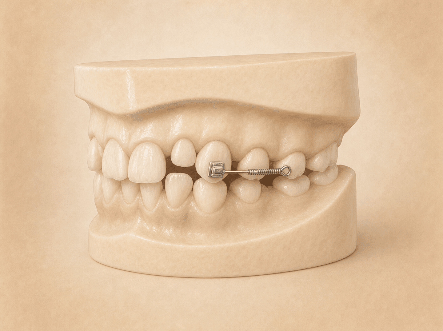 A single bonded bracket and a small spring appliance on a study model showing both baby and adult teeth (limited orthodontic appliance in the mixed dentition), warm muted tones