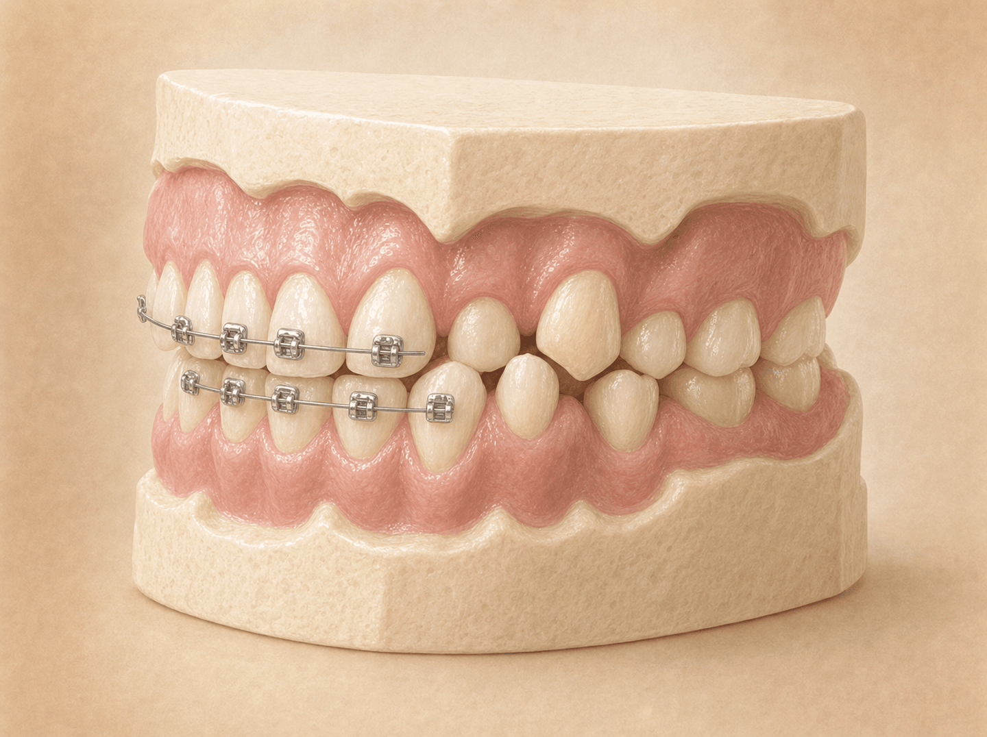 Editorial illustration of a study model showing a mix of smaller primary teeth and larger erupting permanent teeth with a few brackets and an archwire (comprehensive orthodontic treatment of the transitional dentition), warm muted tones