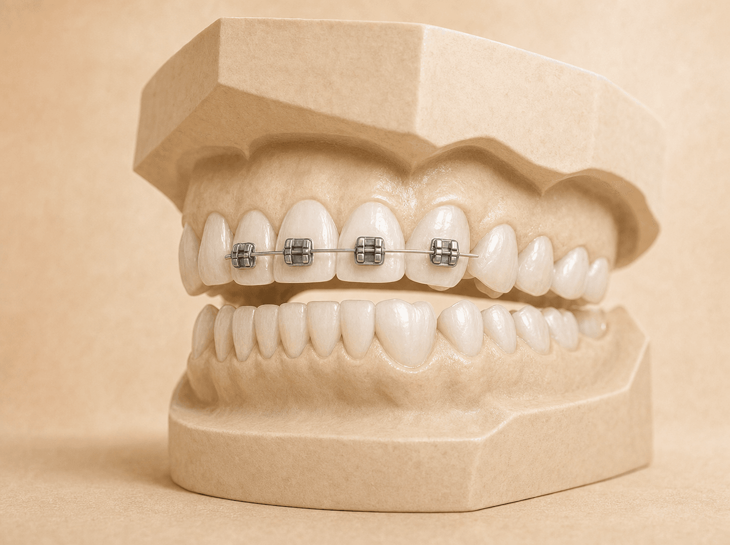 Editorial illustration of metal brackets bonded to a few front teeth joined by a thin archwire on a study model (comprehensive fixed orthodontic appliances), warm muted tones