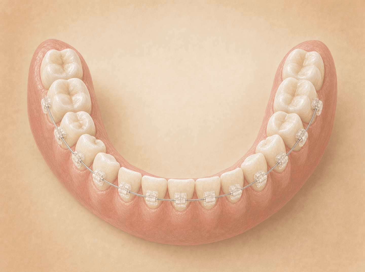 Editorial illustration of clear ceramic brackets on a fully erupted adult lower arch joined by a thin archwire (comprehensive orthodontic treatment of the adult dentition), warm muted tones