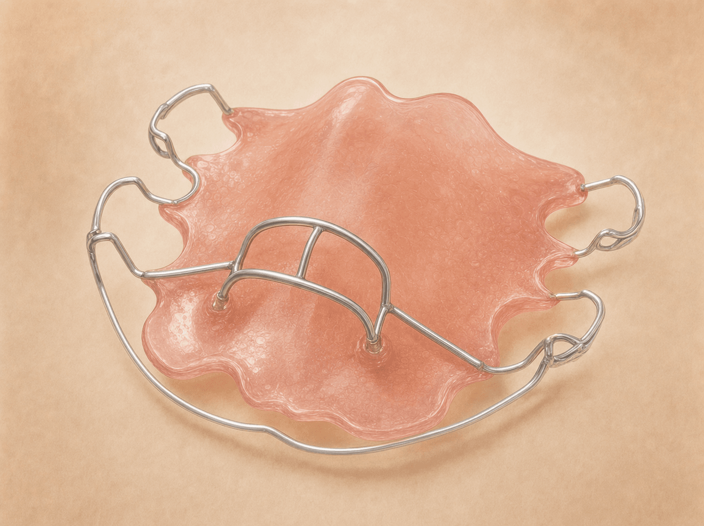 Editorial illustration of a removable acrylic palatal appliance resting outside the mouth (removable habit-control appliance), warm muted tones