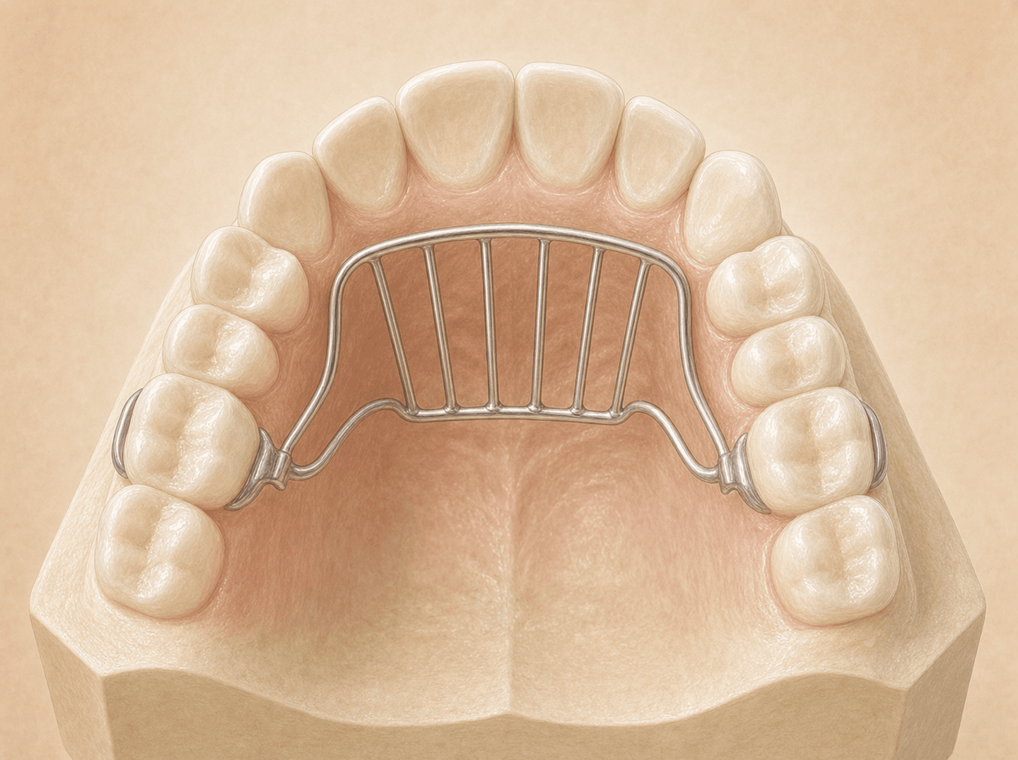 Editorial illustration of a cemented palatal crib appliance fixed behind the upper front teeth on a study model (fixed habit-control appliance), warm muted tones